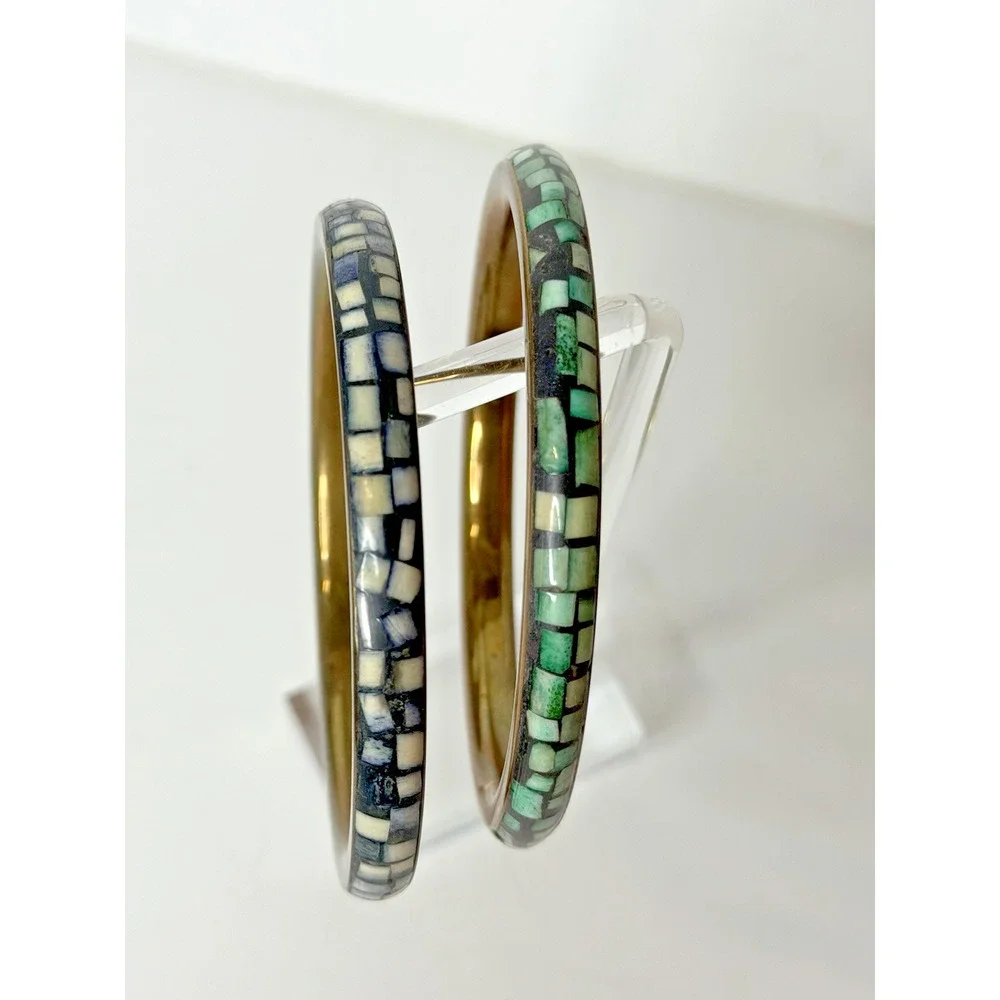 Mosaic Inlay Stone Tile Bangle Bracelet Pair Brass Tone Green Cream Southwestern